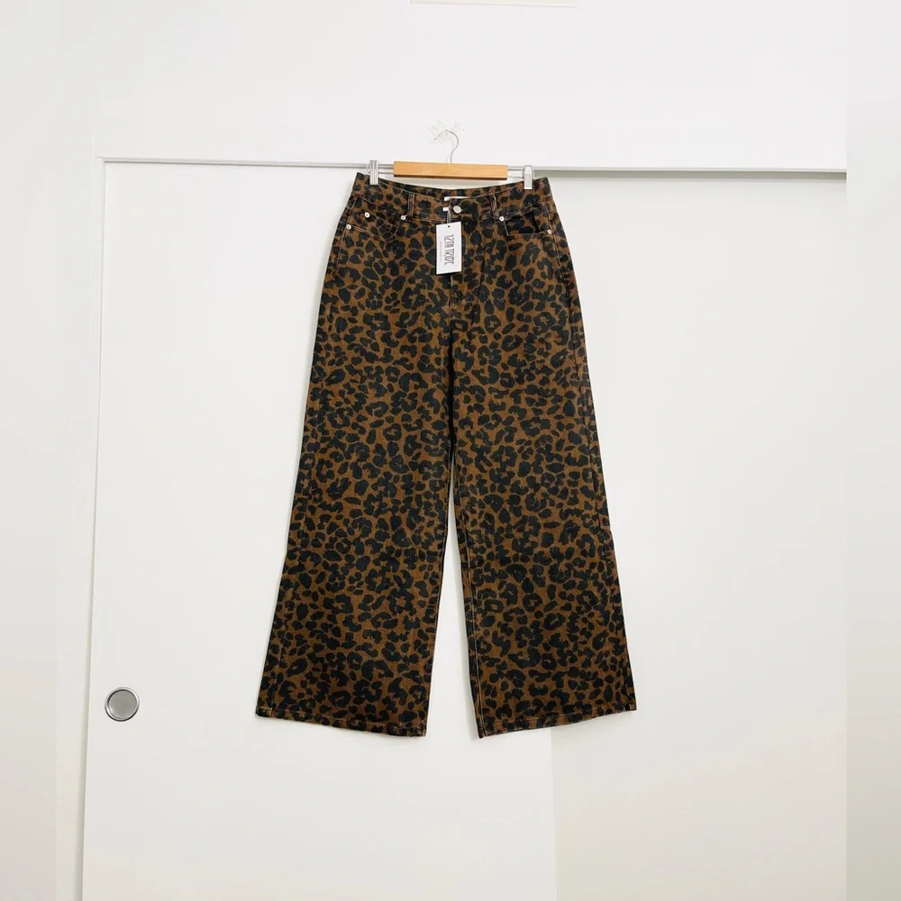 12th Tribe Brown and Black Leopard Print Wide-Leg Jeans